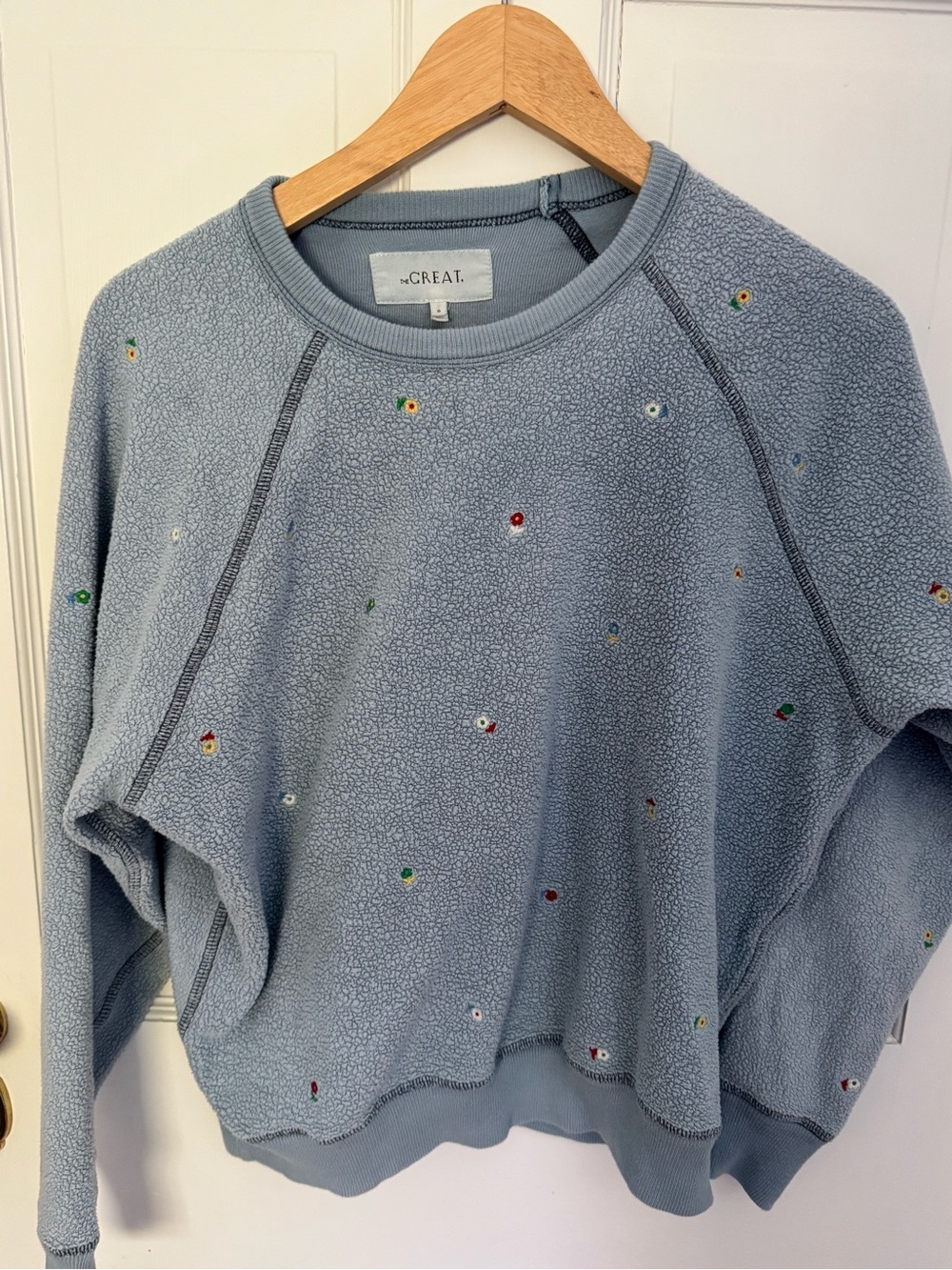THE GREAT. Light Blue Embroidered Fleece Sweatshirt